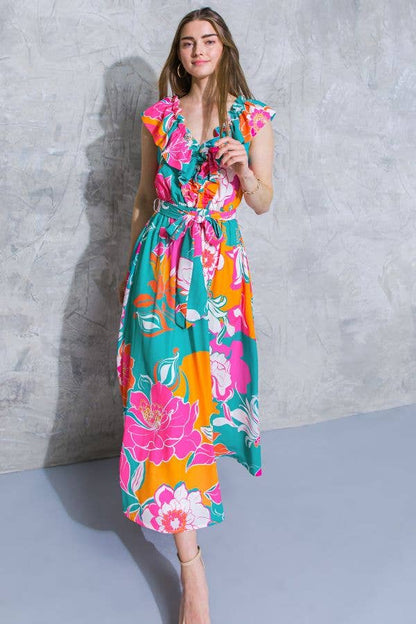 Floral Printed Woven Midi Dress in Teal Orange | Ruffled V Neckline