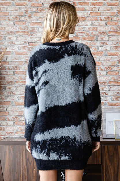 First Love Full Size Abstract Pattern Contrast Feather Yarn Sweater