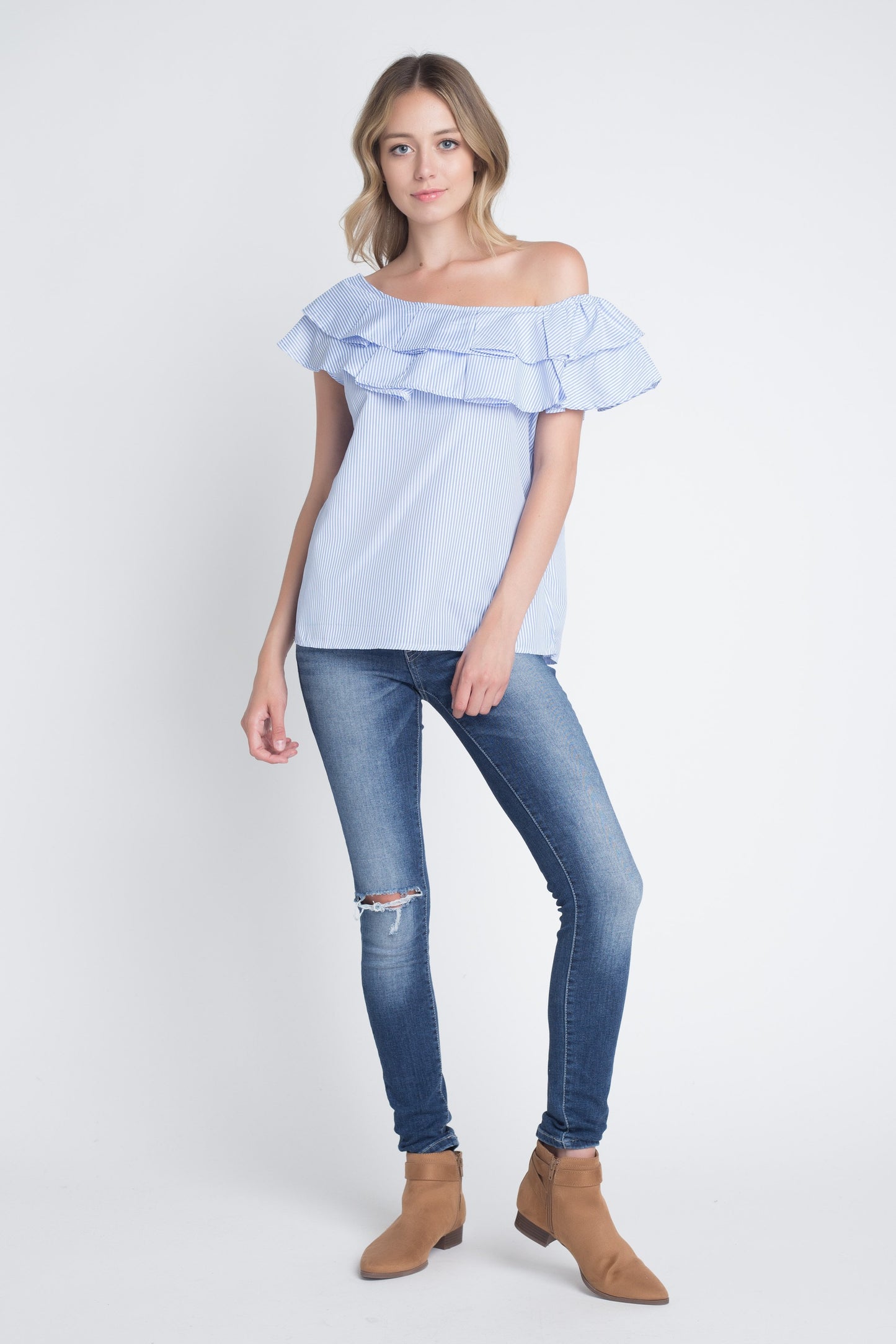 Women's Striped Off Shoulder Ruffle Stripe Blouse